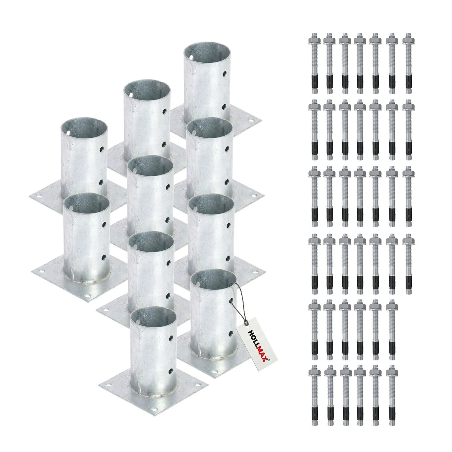 HOLLMAX 10 Stk. Aufschraubhülse/Pfostenträger 80 mm inkl. Schwerlastanker 10 x 100 mm Verzinkt Silber für Rundholzpfosten
