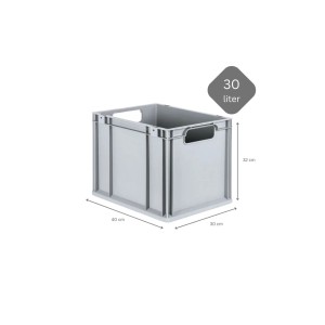Graue PROREGAL Eurobox 30L mit Scharnierdeckel, geöffnet, für Lagerung und Transport.
