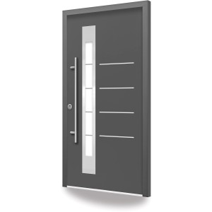 Moderne anthrazitfarbene Splendoor Sicherheits-Haustür Berlin Prime RC2 mit Edelstahl-Applikationen und Glaseinsatz.