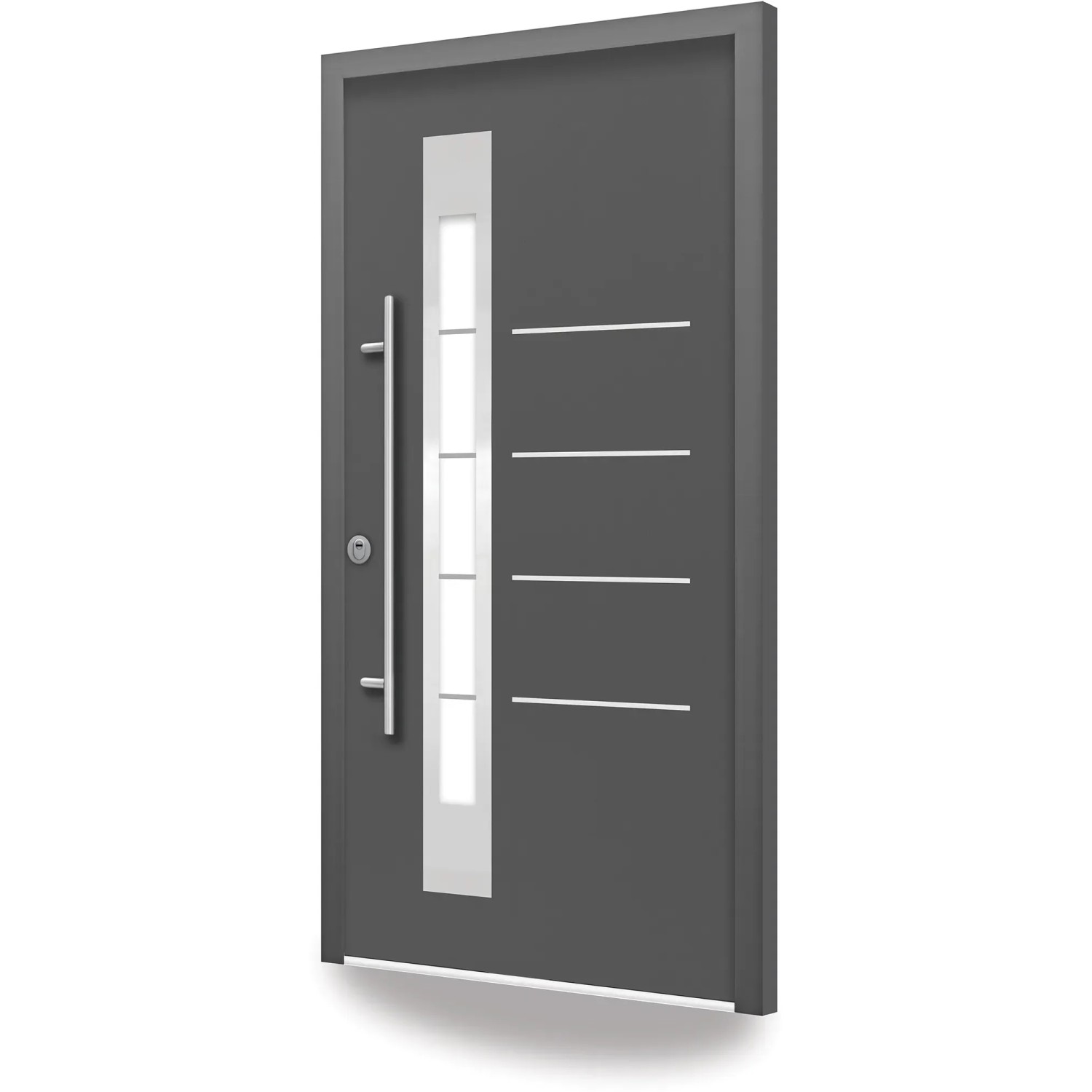 Moderne anthrazitfarbene Splendoor Sicherheits-Haustür Berlin Prime RC2 mit Edelstahl-Applikationen und Glaseinsatz.