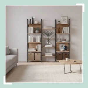 Relaxdays Bücherregal mit 14 Ablagen MDF Eisen Hellbraun Teilbar Kippschutz 166 x 158 x 24 cm 21 kg