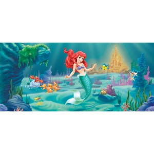Disney Arielle Fototapete: Meerjungfrau Arielle mit Fischen vor Unterwasserschloss, 202x90cm.