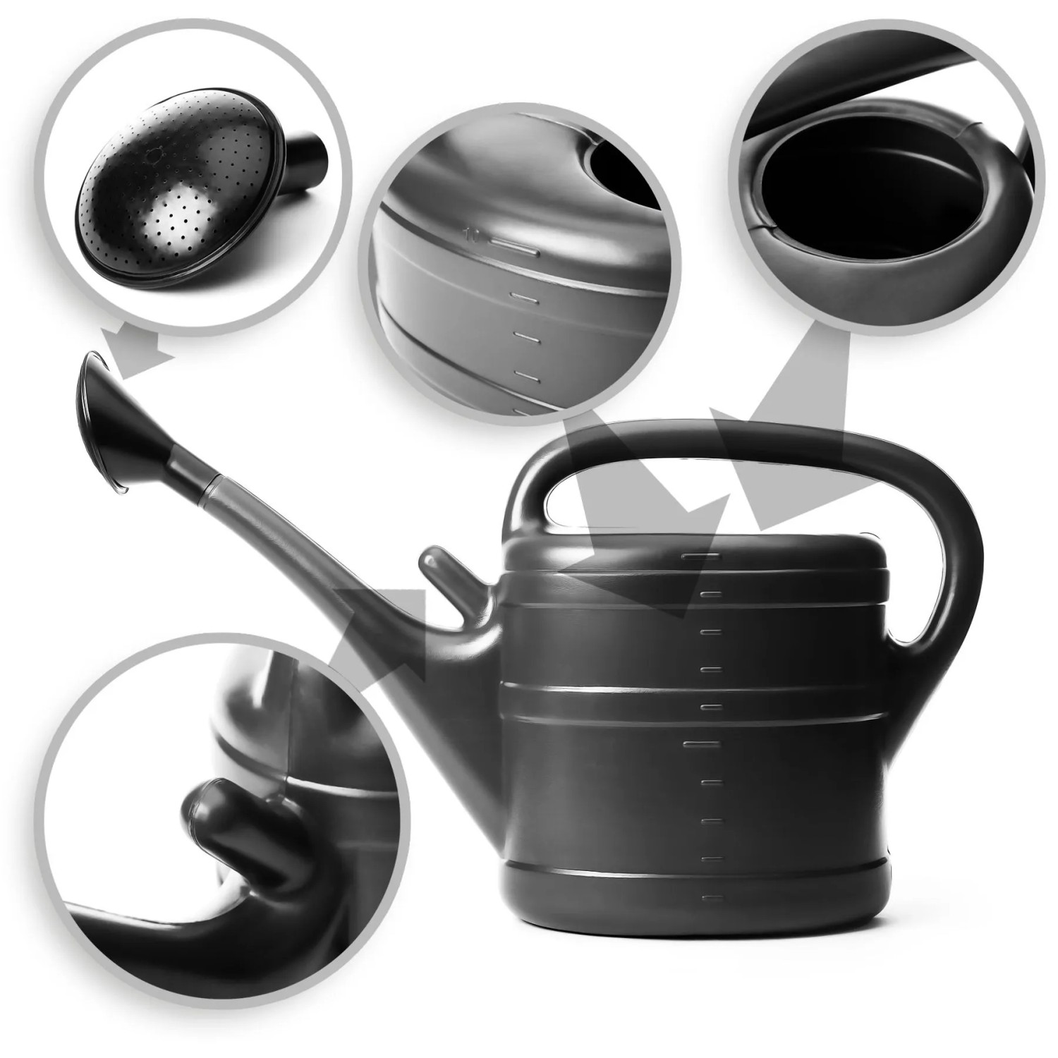 Anthrazitfarbene BigDean Gießkanne aus Kunststoff, 10 Liter, mit abnehmbarem Brausekopf und Füllstandskala für Garten & Pflanzen.