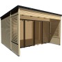 WEKA Designhaus Cubilis 2.0, naturbelassenes Holz, 380x480 cm, mit Flachdach und Schiebetüren.