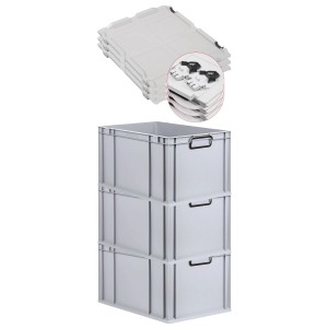PROREGAL SuperSparSet: 3 graue Euroboxen mit Scharnierdeckel, 65 Liter, mit schwarzen Griffen. Stapelbare Aufbewahrungsboxen.