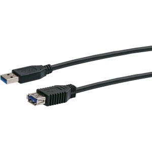 Schwarzes Schwaiger USB 3.0 Verlängerungskabel, 3 m, mit A Stecker und A Buchse.
