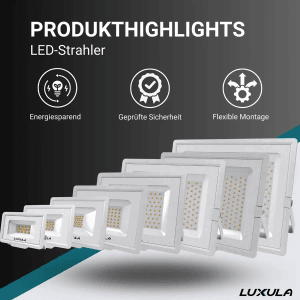 Mehrere LUXULA LED Fluter Strahler in Weiß, verschiedene Größen, für Außen, neutralweißes Licht.