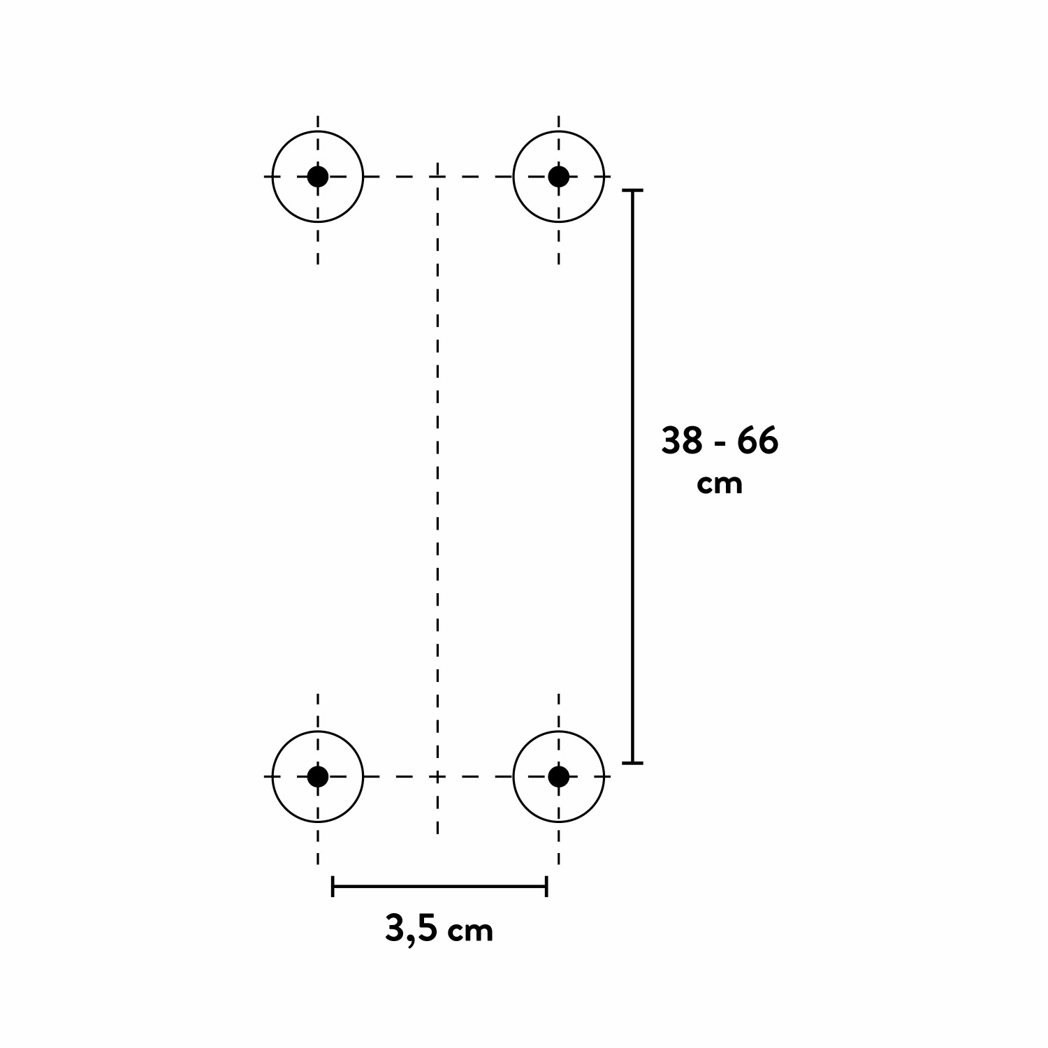 Technische Zeichnung der baliv Brausestange DST-60.40, Maße: 38-66 cm Höhe, 3,5 cm Breite.