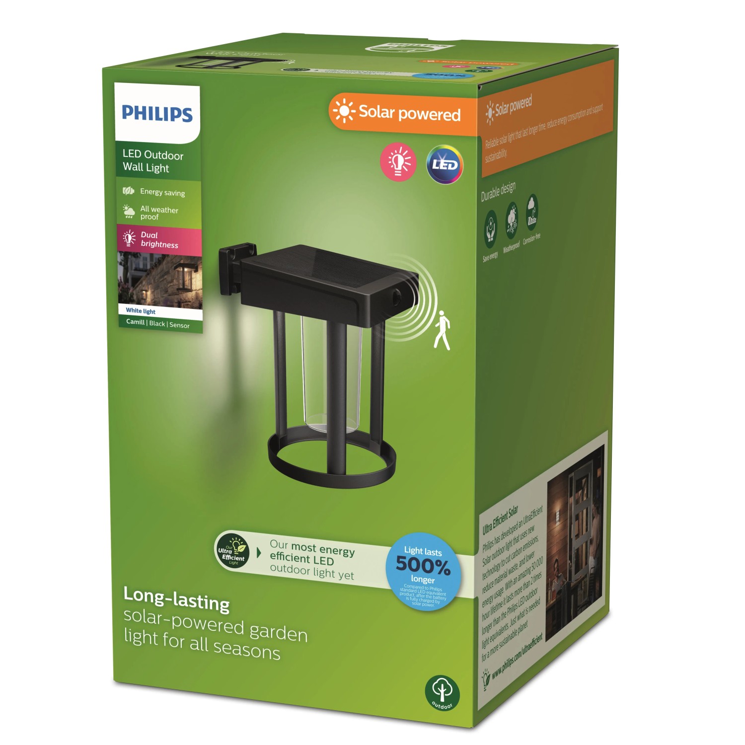 Verpackung der Philips Solar-Wandleuchte Camill, runde Solarleuchte für den Außenbereich.