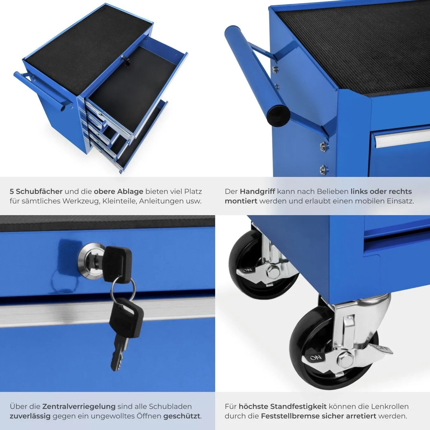 Tectake Werkzeugwagen  5 Kugelgelagerte Schubladen Mit Antirutschmatten Belastbarkeit 150 kg  69 x 33 x 79 cm Blau_4