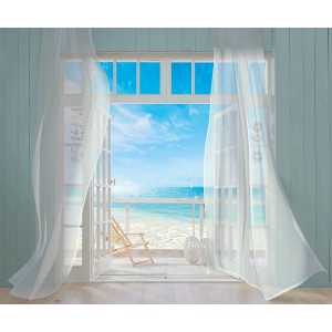 Komar Vlies Fototapete Malibu mit Meerblick, Strand und wehenden Vorhängen.