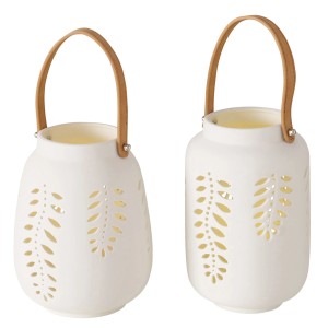 Boltze Home LED-Windlicht Felto, 2-fach sortiert, weiß-braun, mit Cut-Out-Muster und Tragegriff.