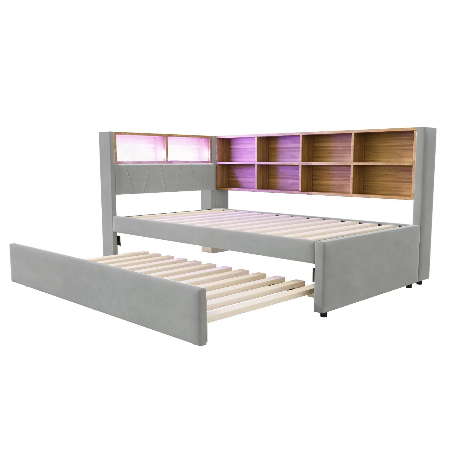 Merax Schlafsofa 90x200cm Ausziehbett LED Flanell Hellgrau
