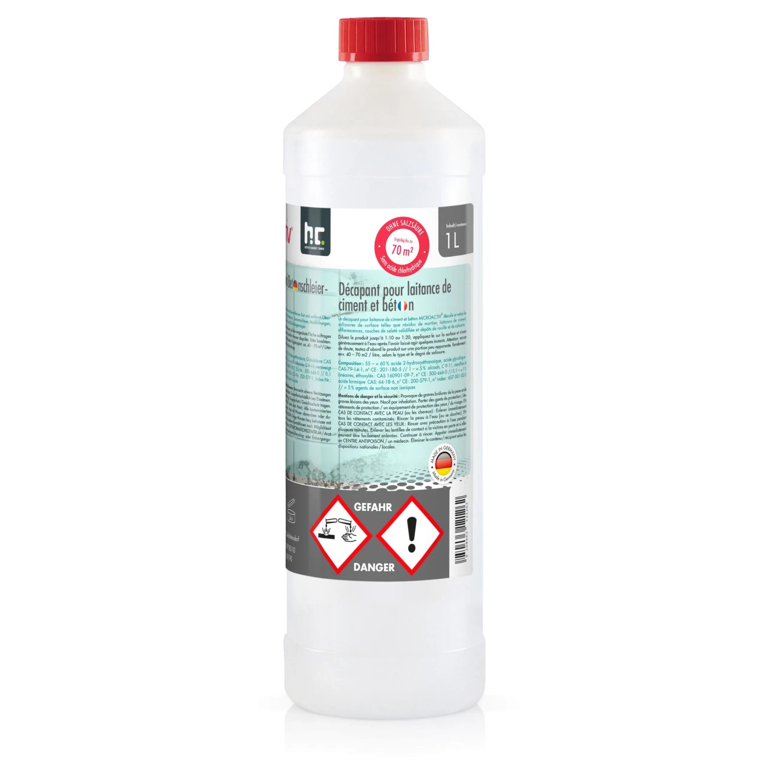 Flasche Microactiv Zement- und Betonschleierentferner 1l, Reinigungsmittel für Zement- und Mörtelreste.