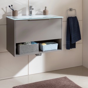 Fackelmann Waschtisch-Set B.Paris mit Glasbecken, 70,5 cm, Cubanit Grau, inklusive Unterschrank und Ablage.