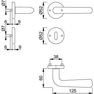 Technische Zeichnung: Hoppe Rosetten Garnitur Helsingborg Edelstahl Matt OB für Innentüren, Maße und Details.