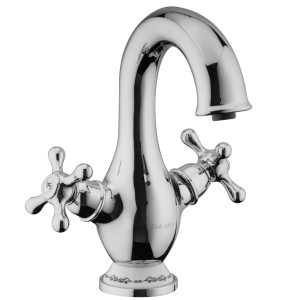 PaulGurkes Waschtischarmatur im Landhausstil, Zweigriffmischer aus verchromtem Messing.