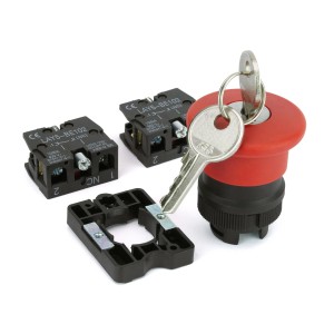 Sintron Not-Aus Schalter mit Schlüssel, roter Knopf, Kontakte und Schlüssel für Schalterprogramme.