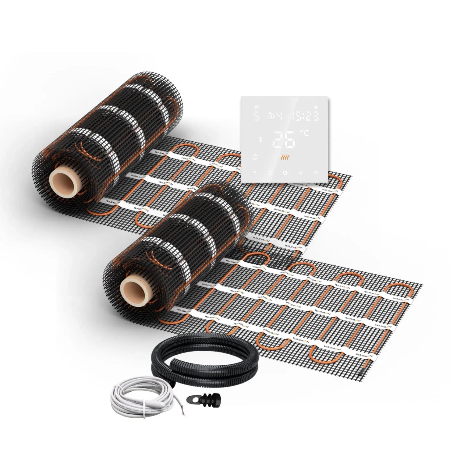 WARMON Fußbodenheizung Elektrisch 2x Matten LIGHT 100 W/m² 8+7 m² inkl. TS 300 Thermostat Weiß