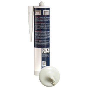 Weiße Acryldichtmasse von Fischer, Multi AC, 310 ml Kartusche mit Düse und Dichtmasse Klecks.