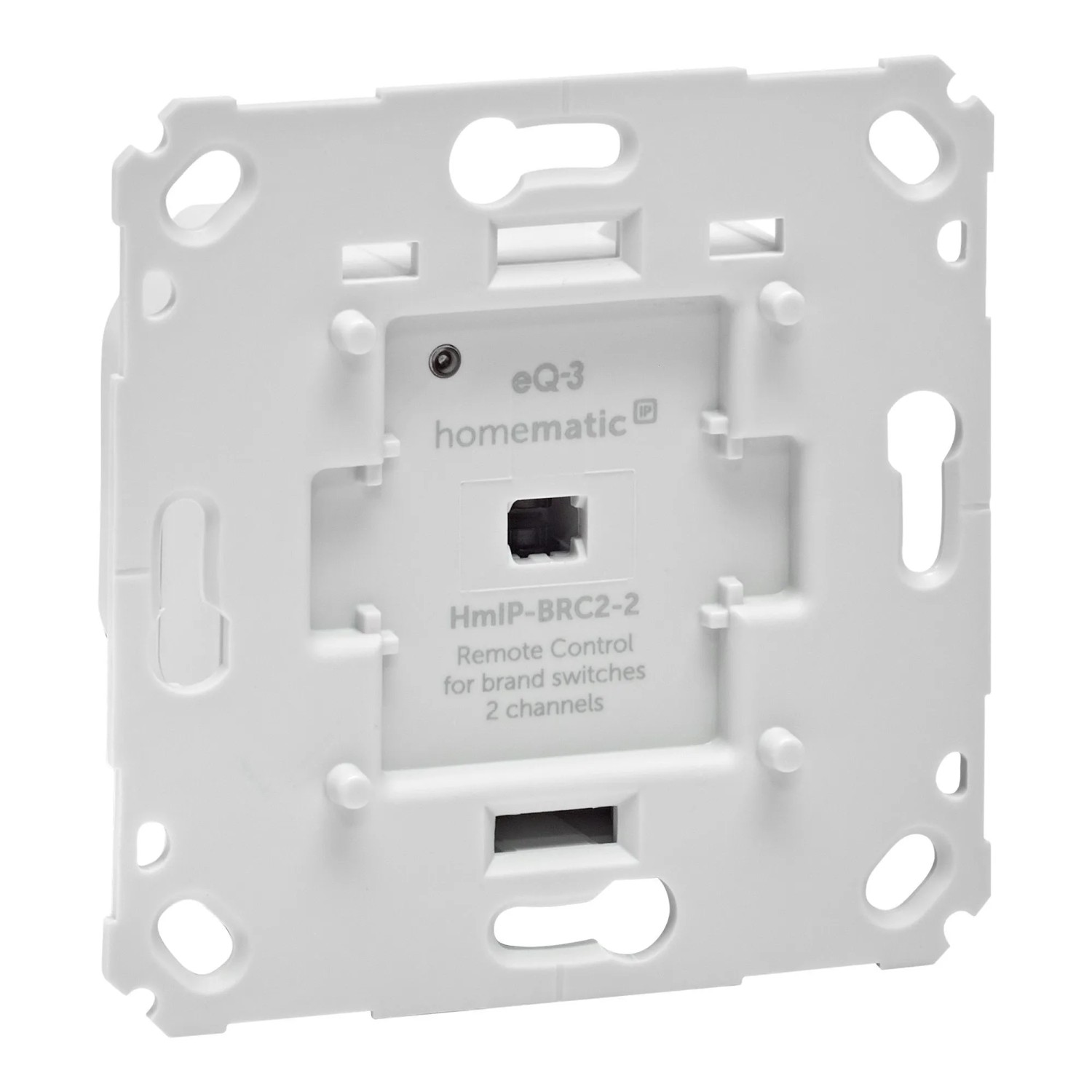 Rückseite des weißen Homematic IP Wandtasters 2-fach für Markenschalter, mit Anschlüssen und Montagepunkten für Hausautomation.