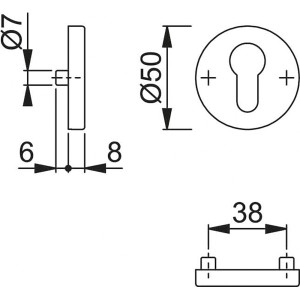 Technische Zeichnung: AnsaPro Profilzylinder-Rosette Isar Alu Natur, Türbeschlag mit Maßen.