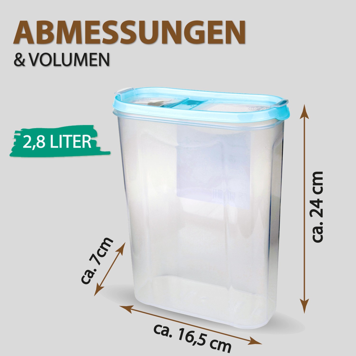 Bestlivings Frischhaltebox Schüttdose 2,8L, 4er Pack, türkis, mit Maßangaben.