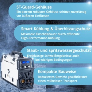 STAHLWERK Kombi Schweißgerät CTM-416 PULS, weiß, robust, staub- & spritzwassergeschützt, kompakt. 6-in-1 Inverter 160 A.