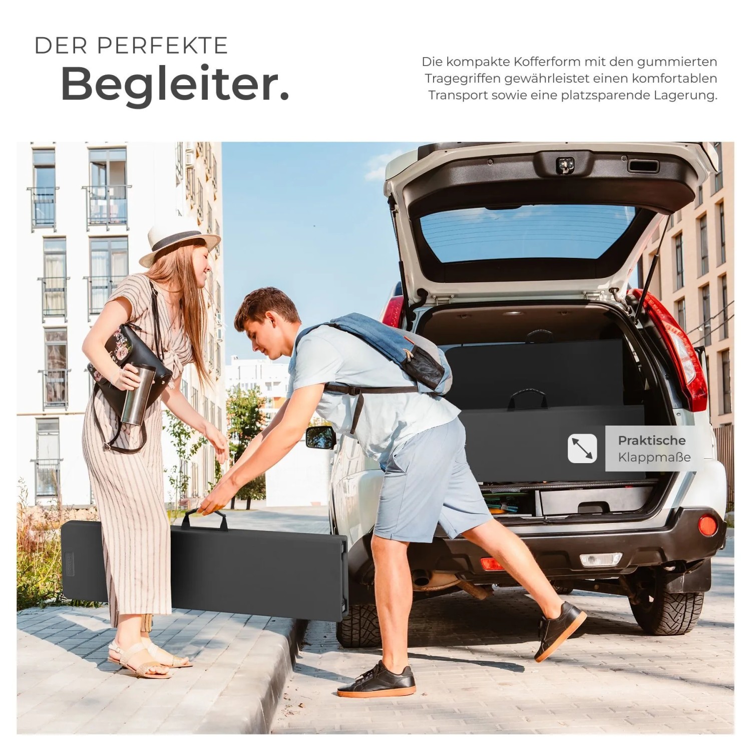 Tectake Campingtischgarnitur Panja, anthrazit, klappbar in Kofferform, wird in Kofferraum geladen. Ideal für Camping & Transport.