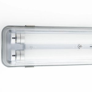 Graue LED-Wannenleuchte, 150 cm, für Feuchträume. 2 Röhren mit neutralweißem Licht.