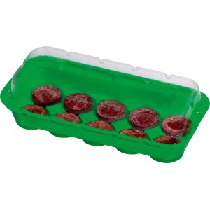 Grünes Gewächshaus mit transparentem Deckel und 10 Kokos Quelltabs für die Pflanzenanzucht.