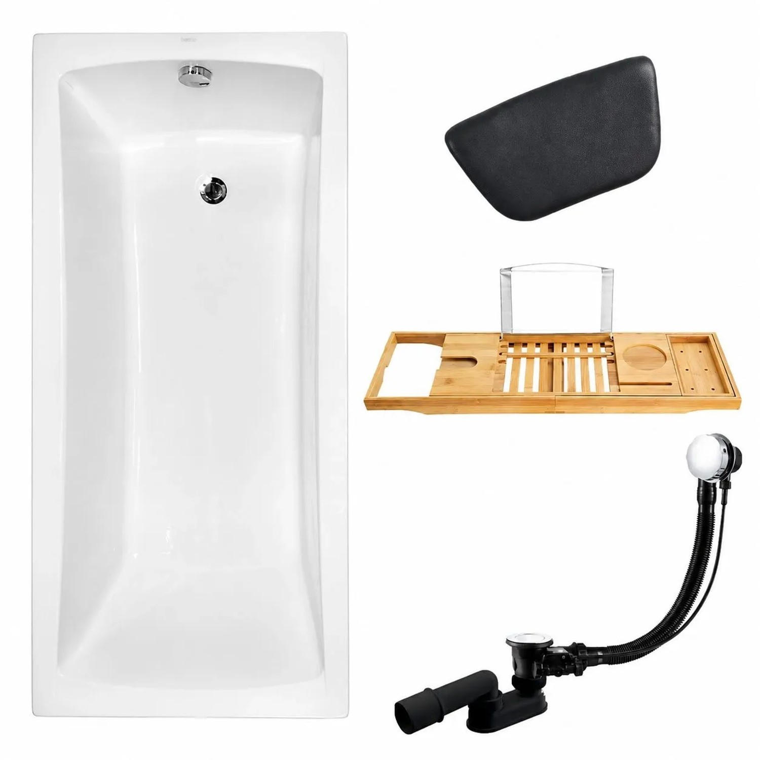 KOLMAN Badewanne Rechteck 150 x 70 Cm Mit Bambus Badewannenablage Mit Kopfstütze KODI Inkl. Ablauf Und Füße