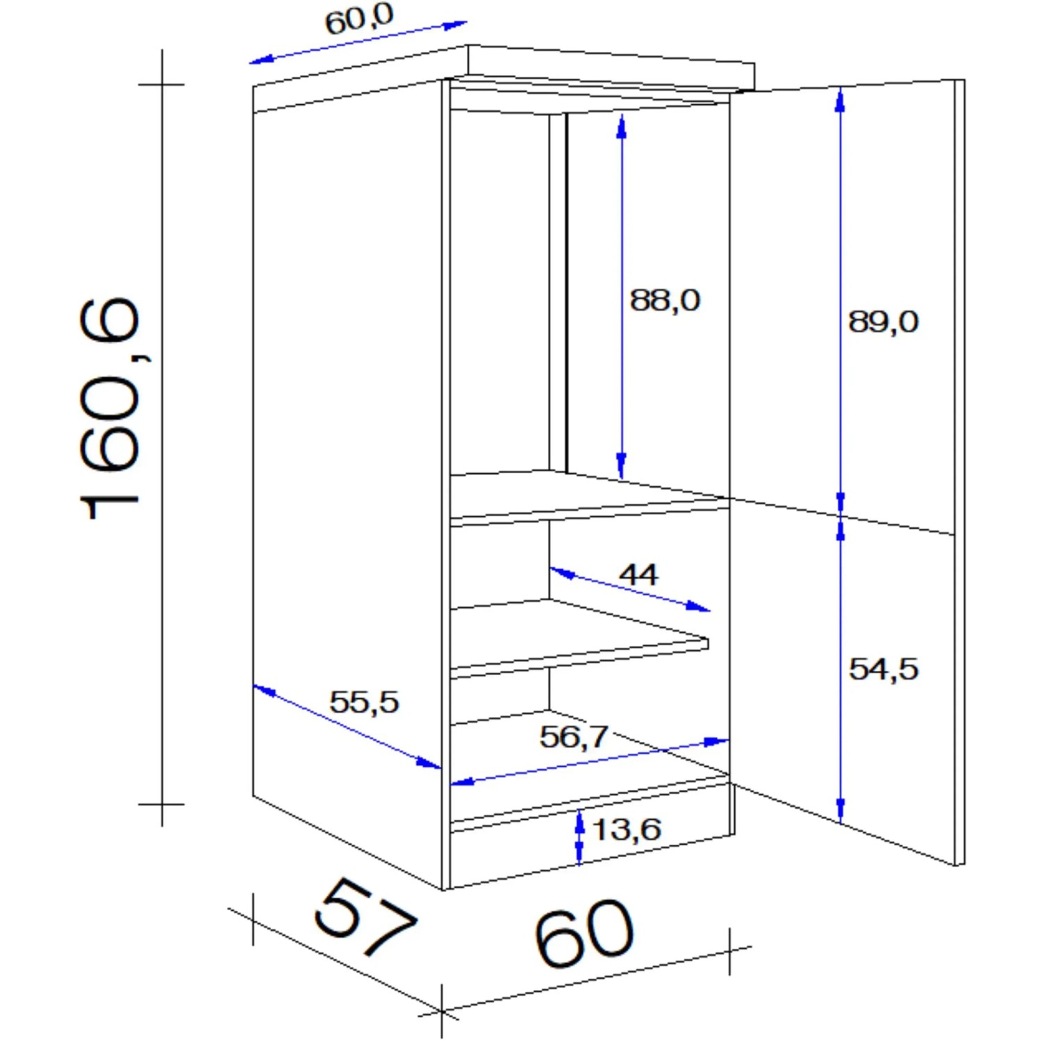Maßzeichnung Flex-Well Exclusiv Demi-Geräteschrank Cara, 60cm, Schilfgrün/Artisan Eiche, mit Maßen