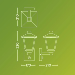 Technische Zeichnung der schwarzen Philips Kinno Up Sensor Wandleuchte mit Maßen.