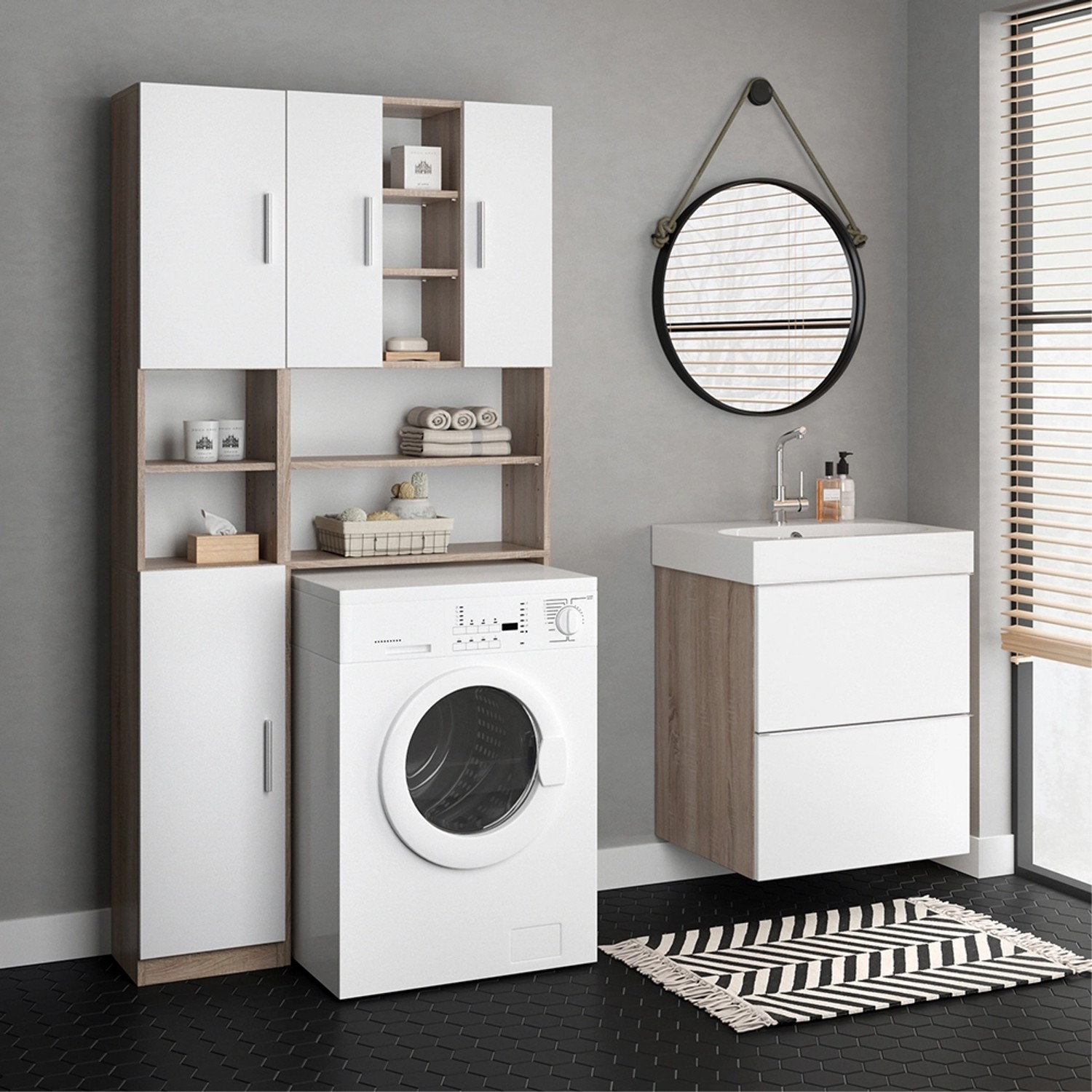 Vicco Badschrank Luis, Sonoma/Weiß, 32x190 cm, mit offenen Fächern und Türen für Badartikel.