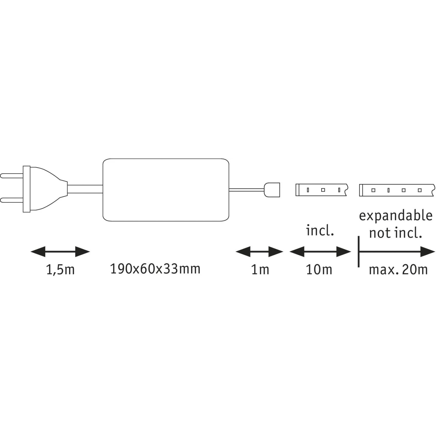 Schemazeichnung Paulmann MaxLED 500 Basis-Set: LED-Streifen mit Netzteil, Maße und Erweiterungsmöglichkeiten.