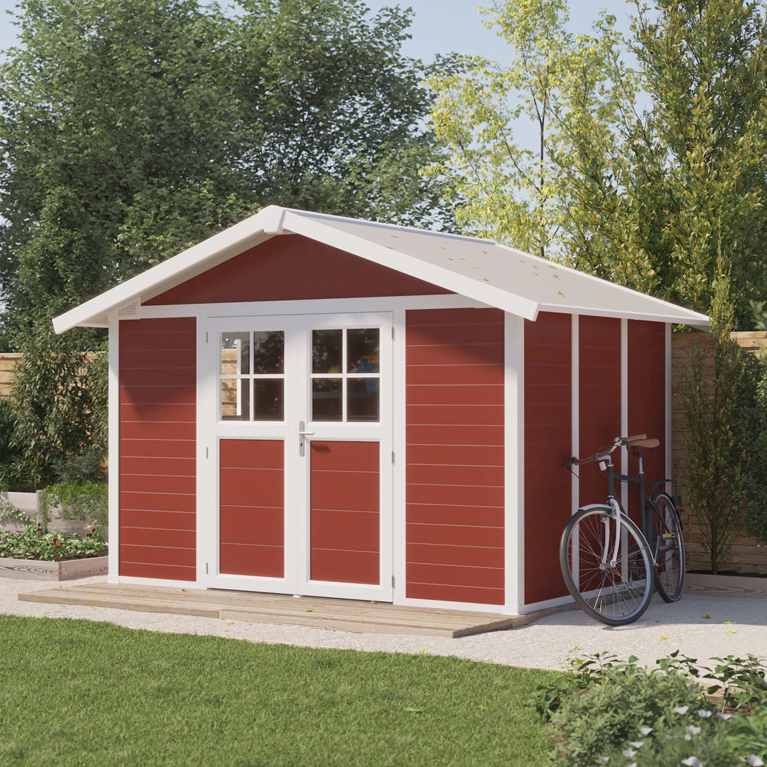Rotes Grosfillex Kunststoff-Gartenhaus Deco H 7.5 mit Doppeltür und Fahrrad im Garten.