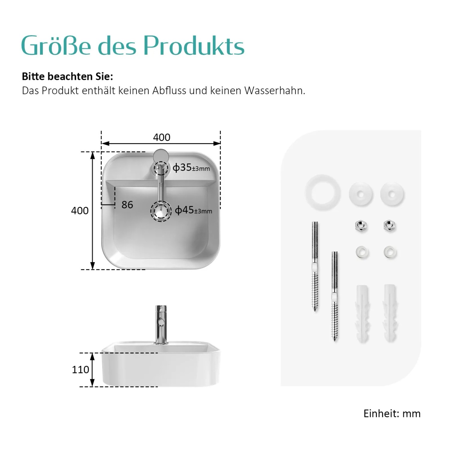 Skizze Emke Handwaschbecken, Keramik, 40x40 cm, eckig, mit Maßen und Montagezubehör.