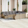 Beige 11-tlg. vidaXL Garten-Sofagarnitur aus Rattan mit grauen Kissen und Tisch.