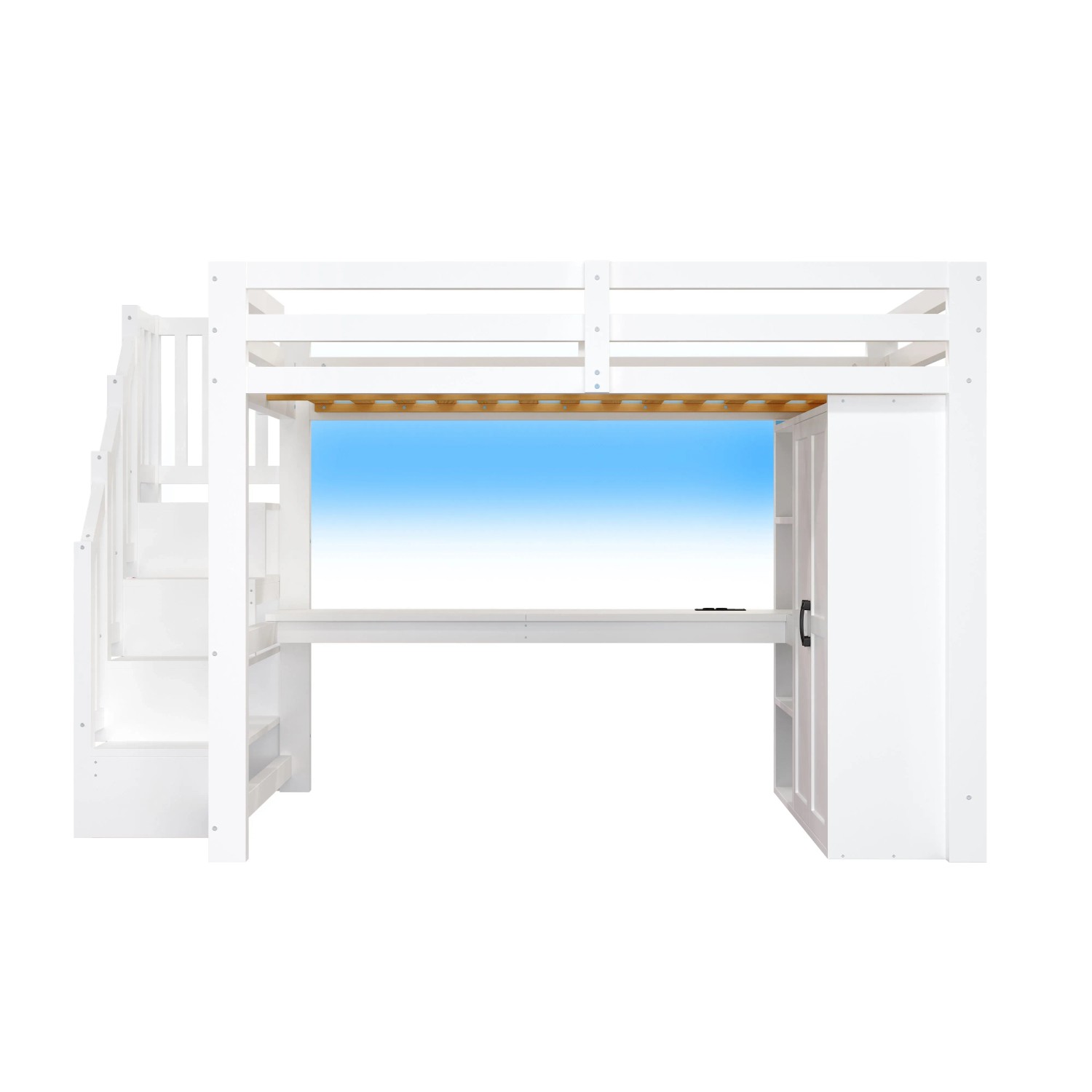 Merax Hochbett 140x200 cm Mit Schreibtisch Regal Kleiderschrank Stauraumtreppe USB LED Weiß