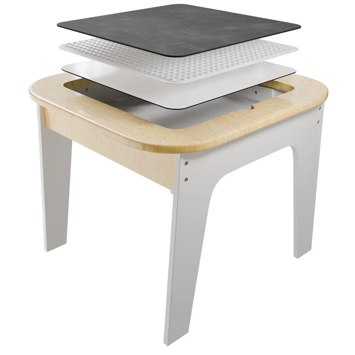 Juskys Kindersitzgruppe Milou Natur: Kindertisch mit 3 Tischplatten (Tafel, Whiteboard, Bausteinplatte)