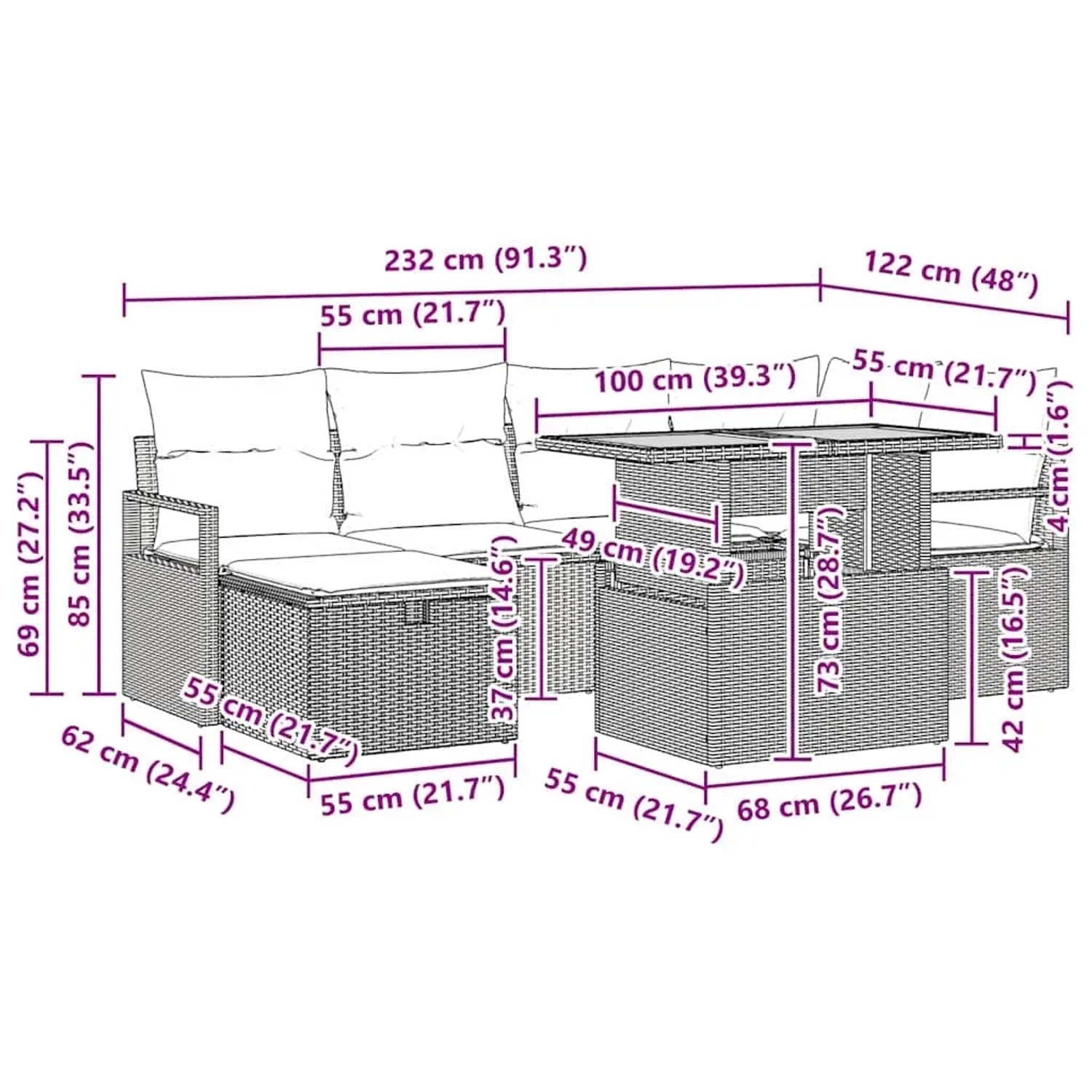 vidaXL Gartenmöbel-Set, 7-teilig, schwarz, Poly Rattan, mit Maßangaben für Sofa und Tisch.