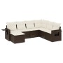 Braune 7-tlg. vidaXL Garten-Sofagarnitur aus Rattan mit cremeweißen Kissen.