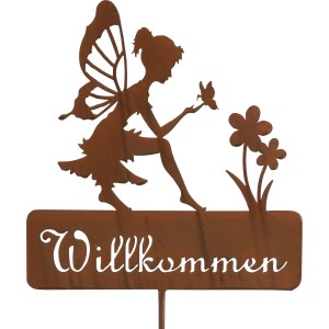 Gartenstecker Fee Willkommen, Metall, 130cm hoch. Dekorative Gartendeko mit Fee und Schriftzug.