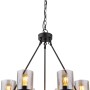 Schwarze, 6-flammige Globo Pendelleuchte mit Rauchglas-Schirmen und Holzring, 590x980 mm.