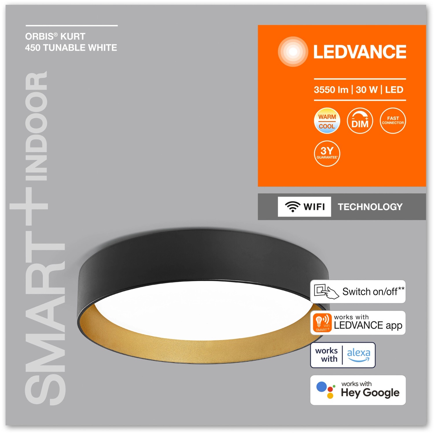 Ledvance Smart+ WiFi Deckenleuchte Orbis Kurt, schwarz-gold, Ø 45cm.