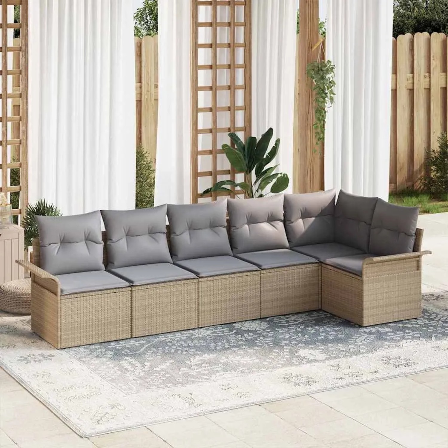 Beiges 6-tlg. vidaXL Garten-Sofa-Set aus Poly Rattan mit Kissen für Terrasse und Garten.