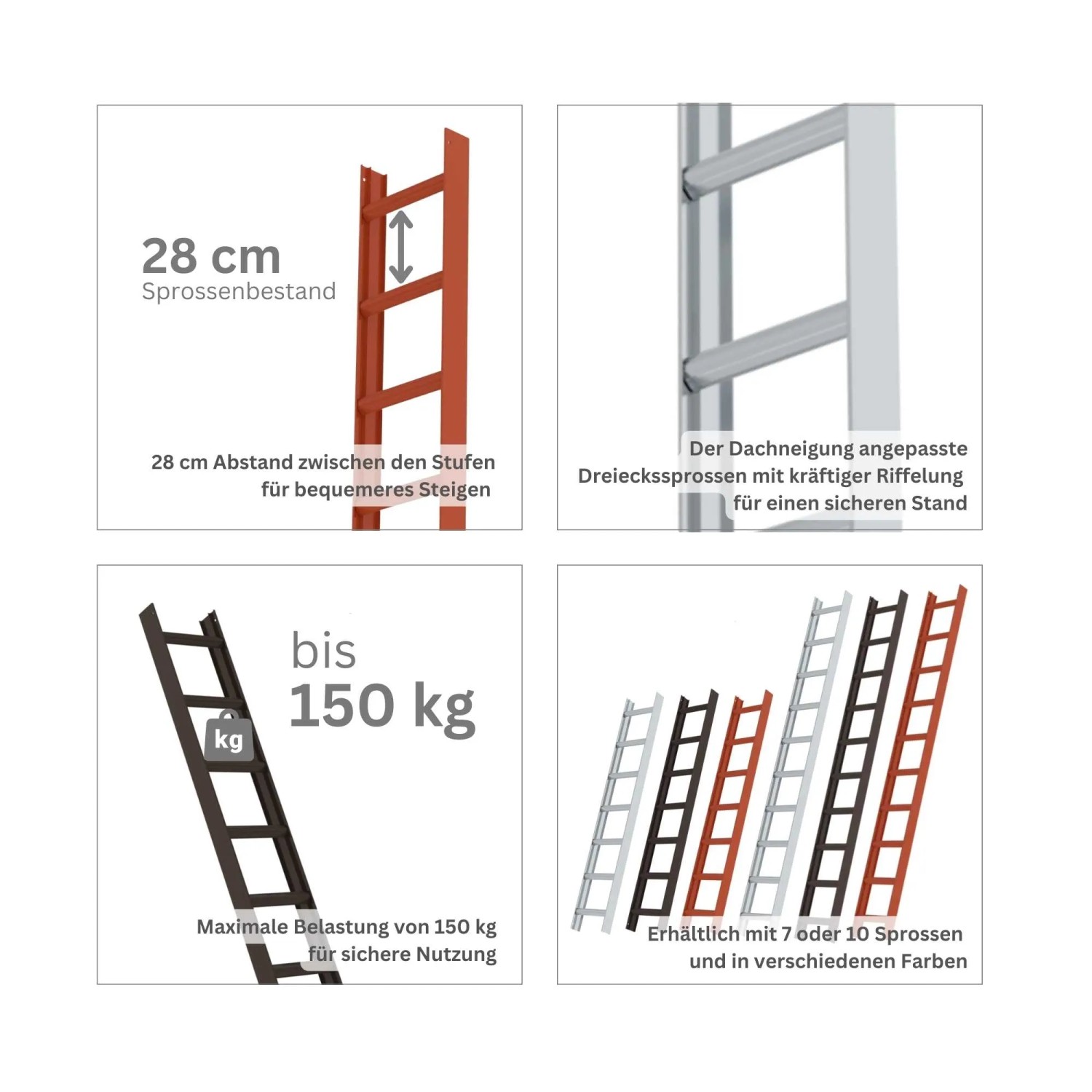Details der PROREGAL Dachleiter Rotbraun mit 10 Sprossen: Sprossenabstand, Dreieckssprossen, Belastbarkeit und Farbvarianten.