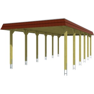 Skan Holz Carport Spreewald, 396x893cm, rote Blende, Nussbaum, mit 12 Pfosten für hohe Stabilität.