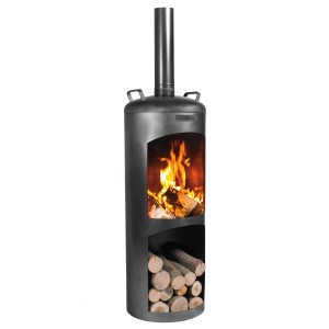 Schwarzer CookKing Gartenofen Faro aus Stahl mit Holz und Feuer.